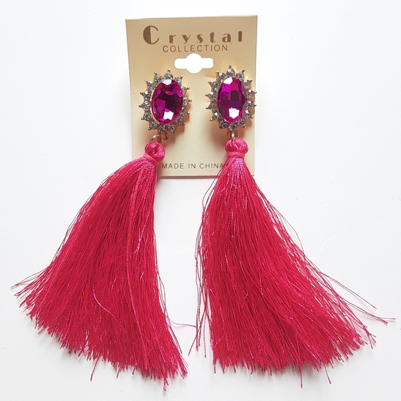 Crystal Collection Hot Pink Tassel Earrings - Picture 6 of 10